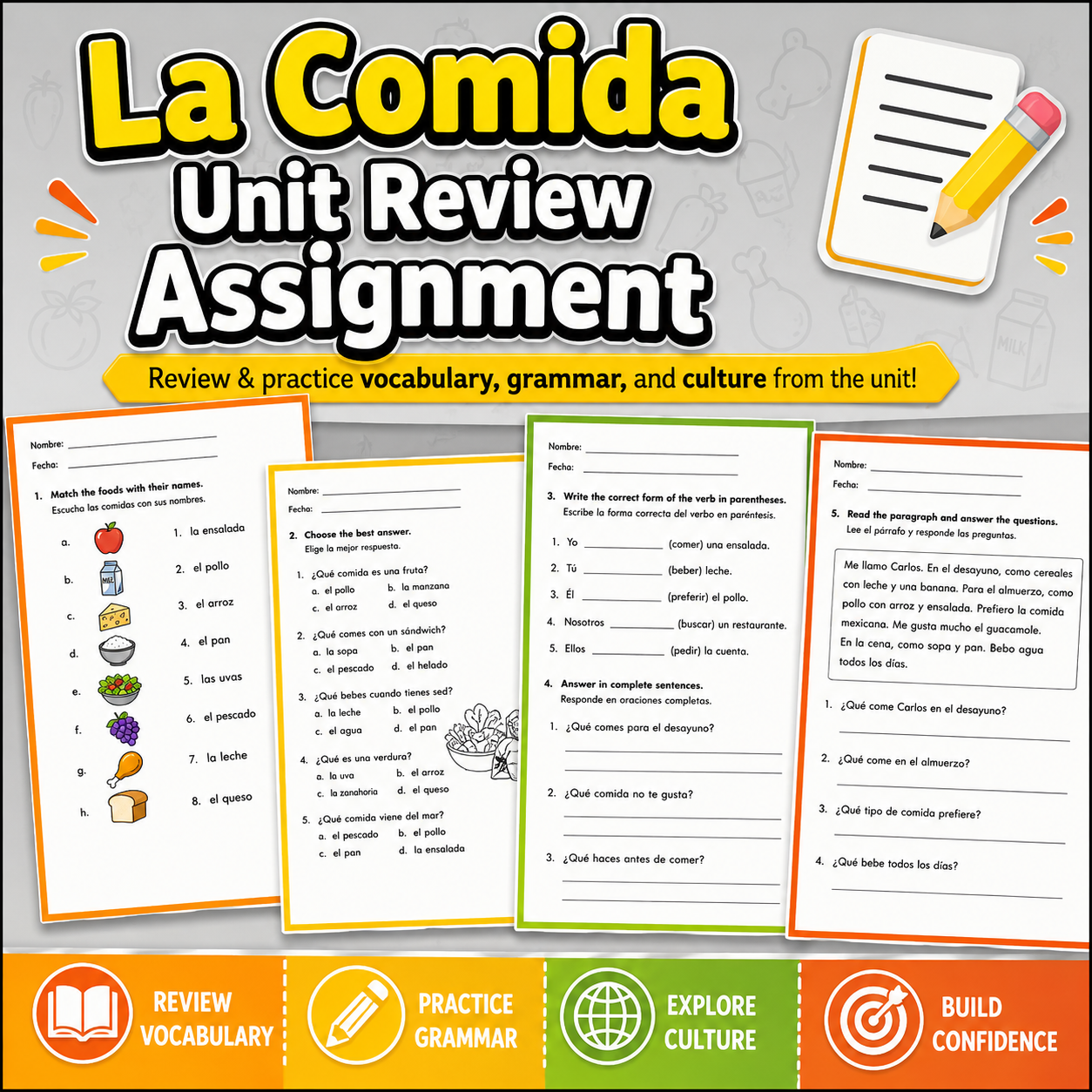 Spanish 1 Food Unit Review Packet | La Comida Vocabulary & Practice Activities