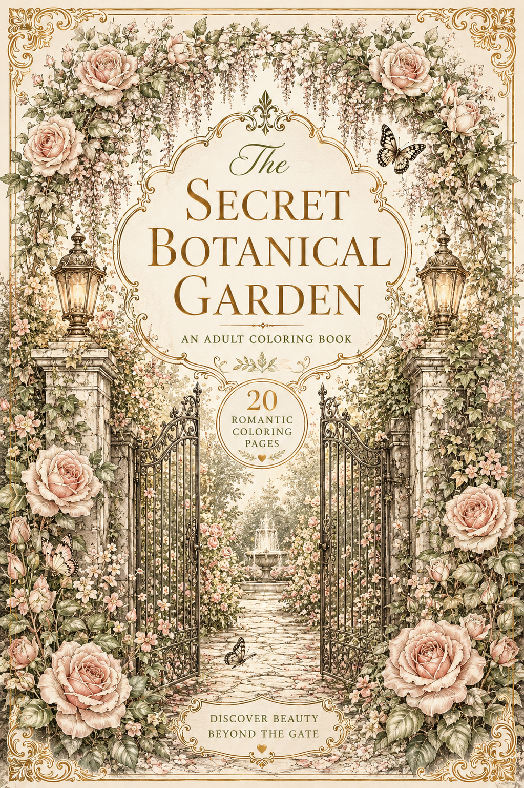 Printable Secret Botanical Garden coloring book with beautiful floral gardens, vintage archways and peaceful botanical illustrations. 20 relaxing coloring pages in A4 PDF format for adults. Instant digital download.