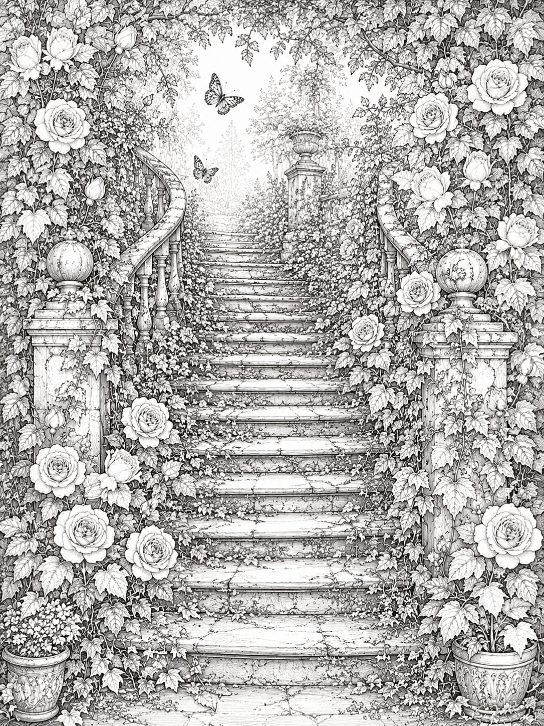 Printable coloring page featuring magical garden stairs surrounded by blooming flowers and foliage.