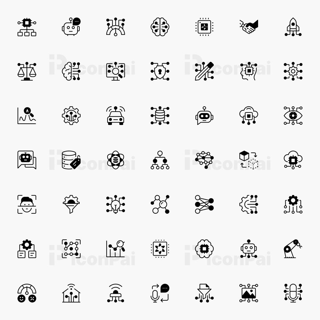 AI & Machine Learning Icons – Half-filled style preview of 50 artificial intelligence, neural network, and robotics icons.