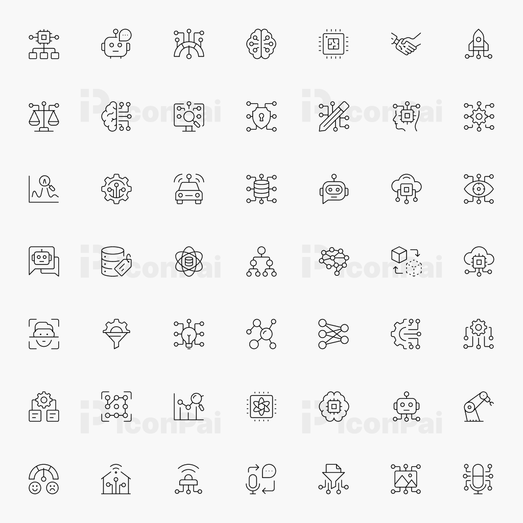 AI & Machine Learning Icons – Thin line style preview featuring 50 artificial intelligence and data science icons.