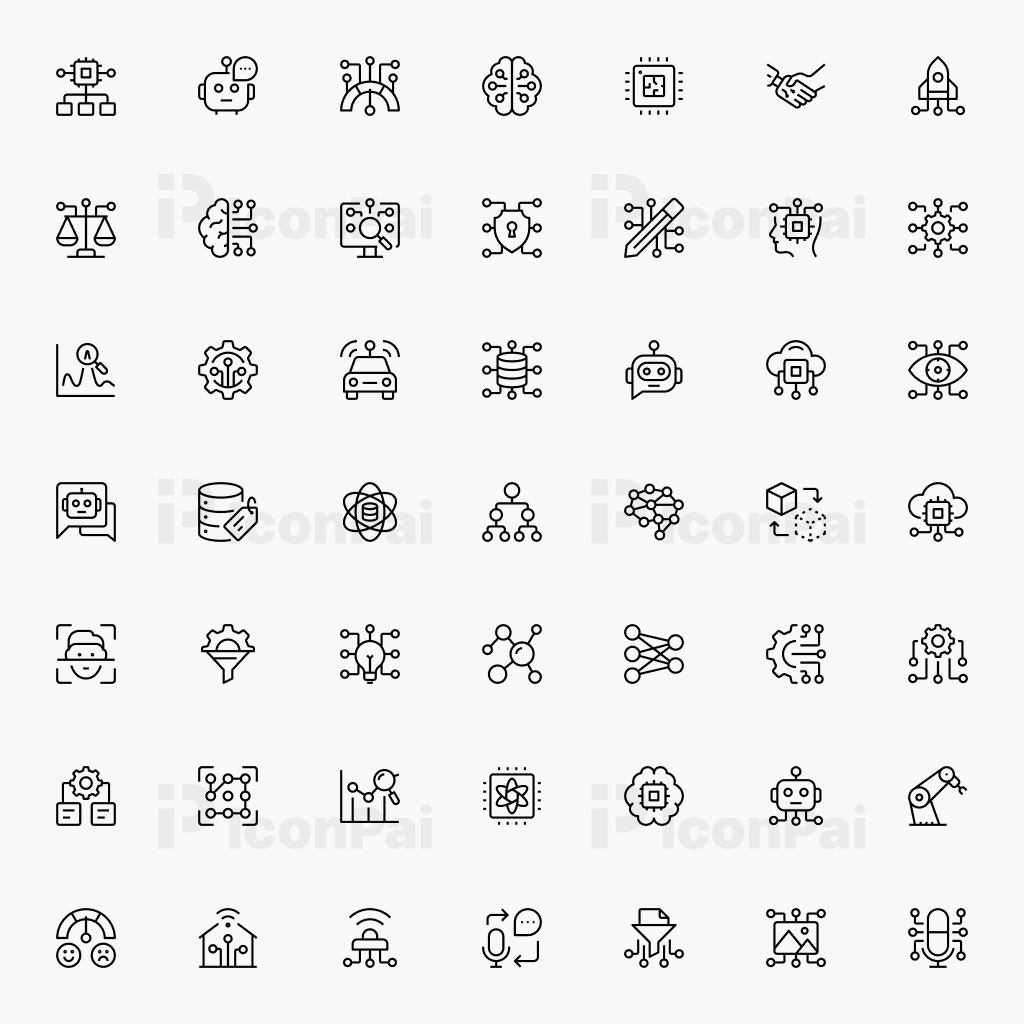 AI & Machine Learning Icons – Bold thick style preview showcasing 50 AI, automation, and machine learning icons.