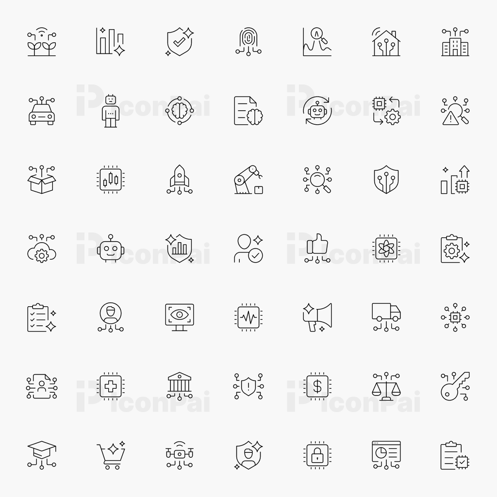 AI Business & Future Tech Icons – Thin line style preview featuring artificial intelligence, automation, analytics, and digital innovation icons.