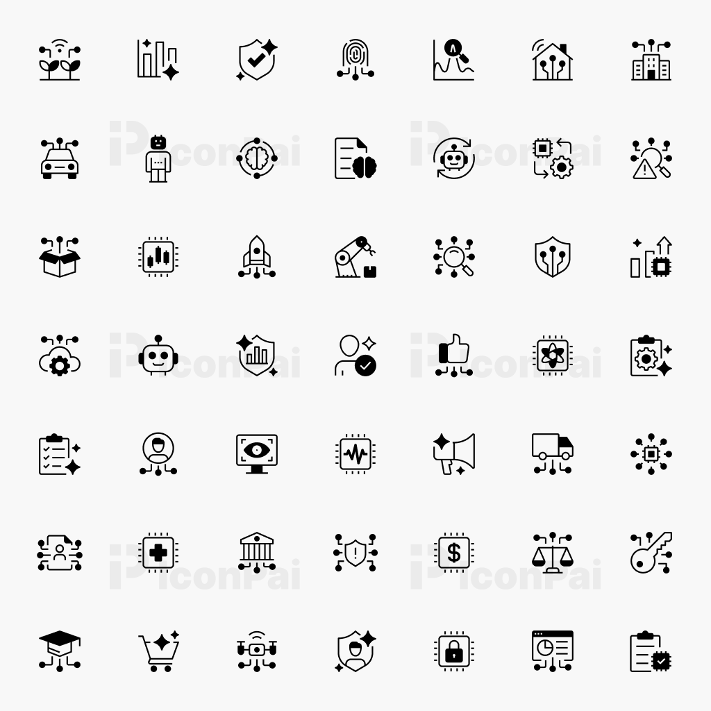 AI Business & Future Tech Icons – Half-filled style preview of artificial intelligence, future technology, automation, and innovation icons.
