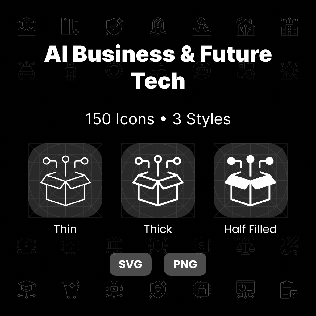 AI Business & Future Tech Icons Pack featuring 150 modern AI, automation, robotics, and innovation icons in three professional styles.