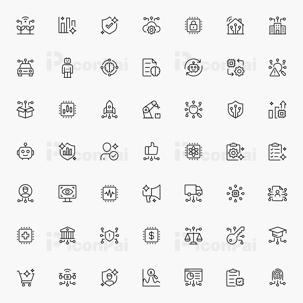 AI Business & Future Tech Icons – Thick line style preview showing AI, robotics, machine learning, and business technology icons.