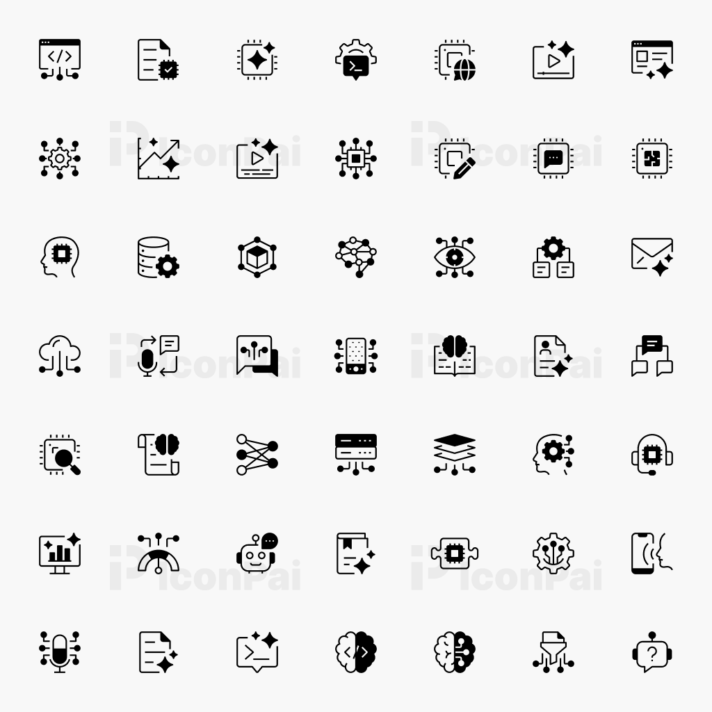 AI Core Systems & Language Icons – Half-filled style preview displaying artificial intelligence, language processing, and automation icons.