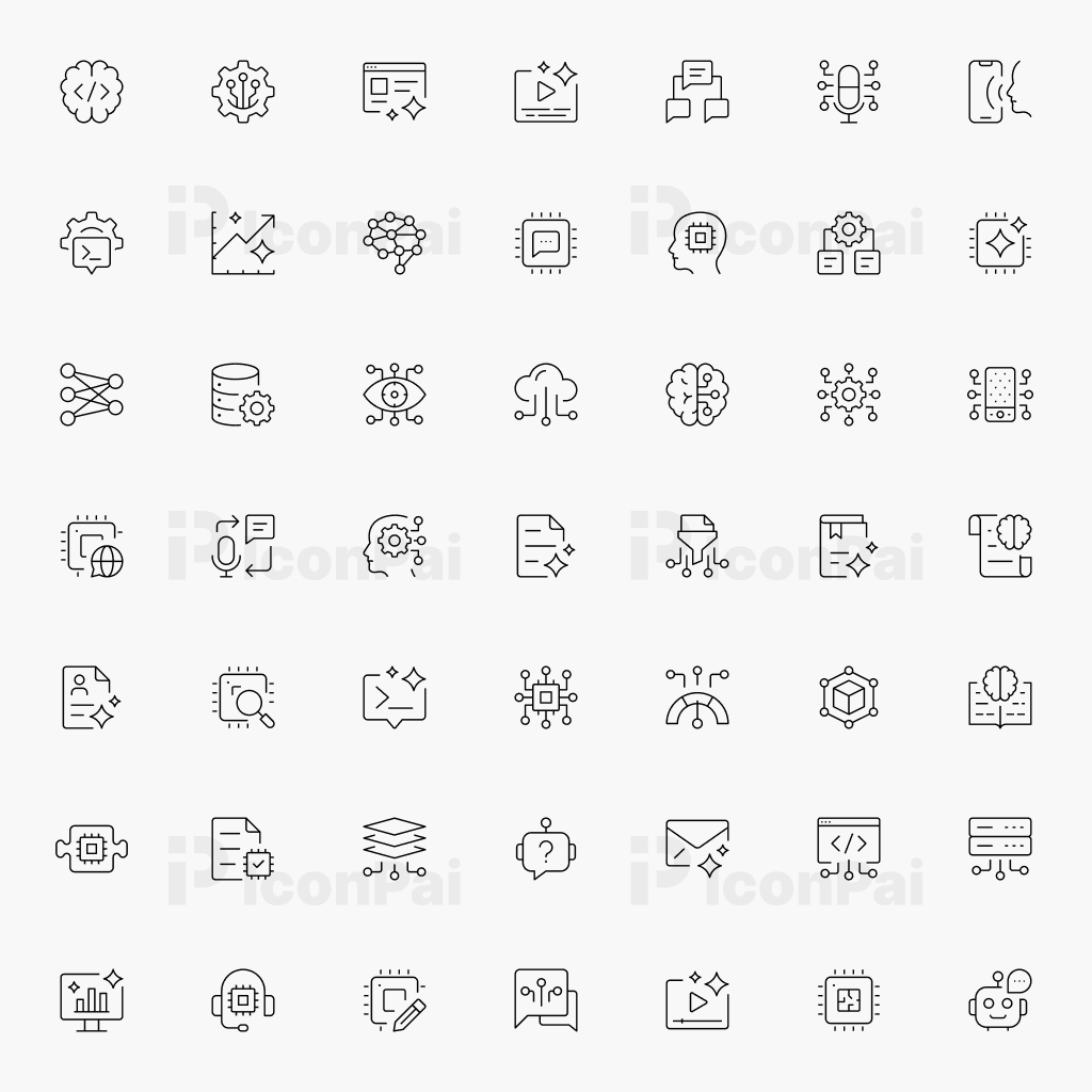AI Core Systems & Language Icons – Thin line style preview featuring AI, NLP, neural network, and language model icons.