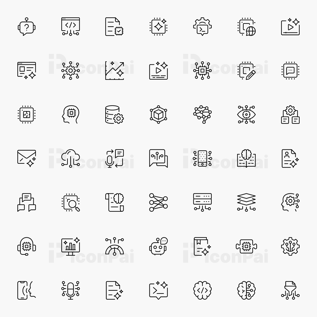 AI Core Systems & Language Icons – Thick line style preview showcasing machine learning, chatbot, and AI system icons.