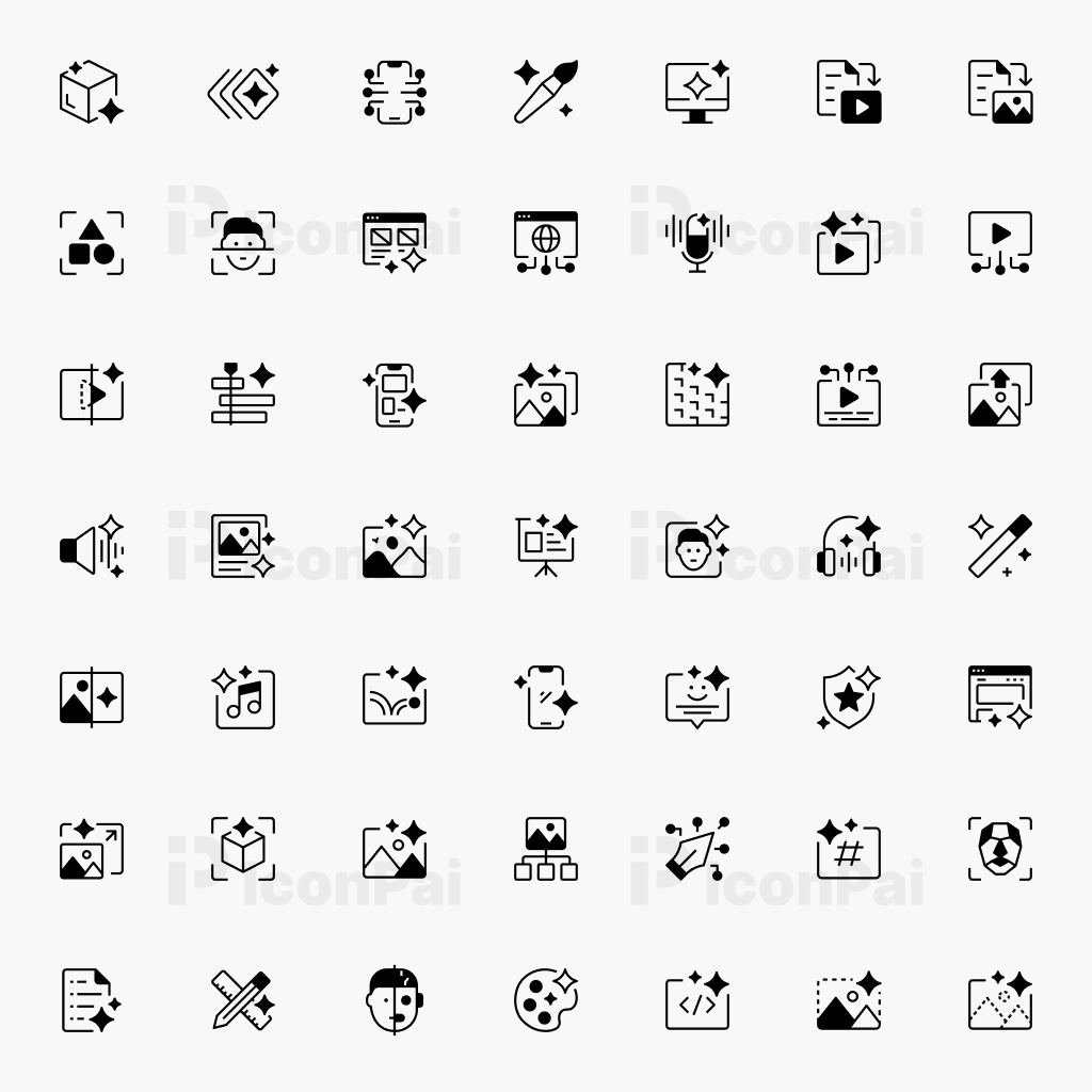 AI Creative Icons – Half-filled style preview of AI image, video, creative workflow, and media tool icons.