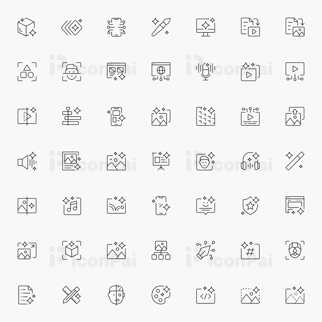AI Creative Icons – Thin line style preview featuring AI image generation, media editing, and creative tool icons.