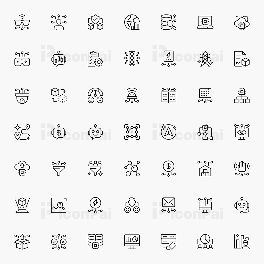 AI Data & Emerging Technologies Icons – Thick line style preview of 50 AI, machine learning, data, and innovation symbols.