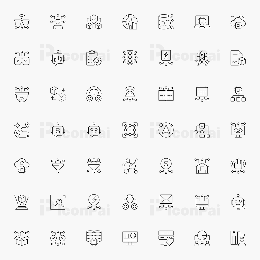 AI Data & Emerging Technologies Icons – Thin line style preview of 50 artificial intelligence, analytics, and future technology icons.