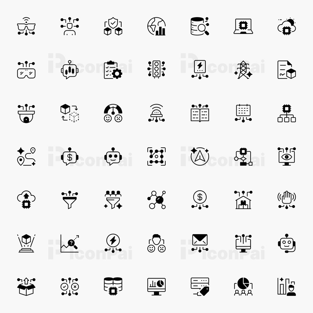AI Data & Emerging Technologies Icons – Half-filled style preview of 50 artificial intelligence, automation, cloud, and emerging technology icons.