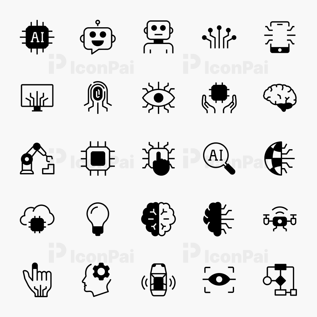 AI Intelligence Icons – Half-filled style preview featuring neural networks, chatbots, robotics, and AI technology icons.