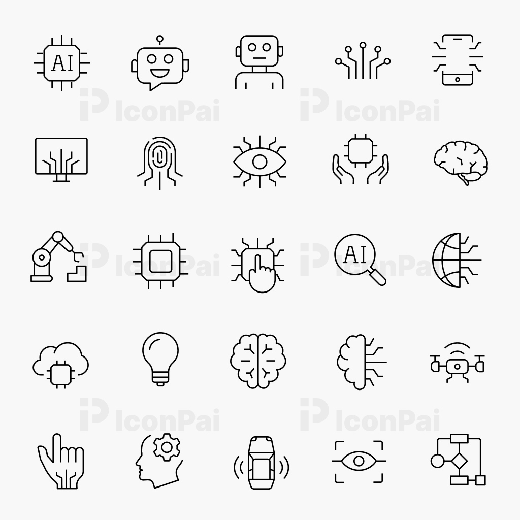 AI Intelligence Icons – Thin line style preview featuring artificial intelligence and machine learning icons.