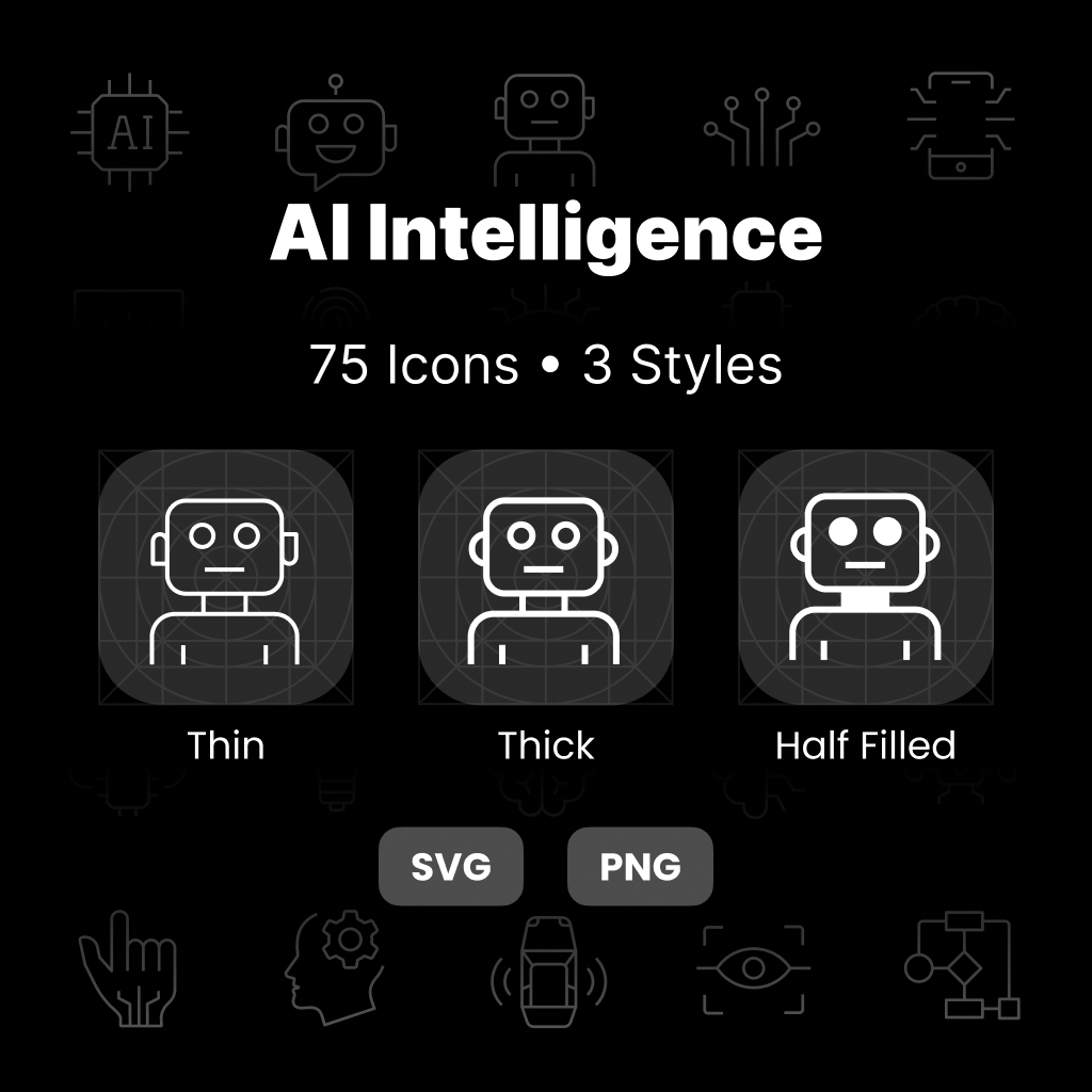 AI Intelligence Icons Pack featuring 75 AI, machine learning, automation, and chatbot icons in three professional styles.