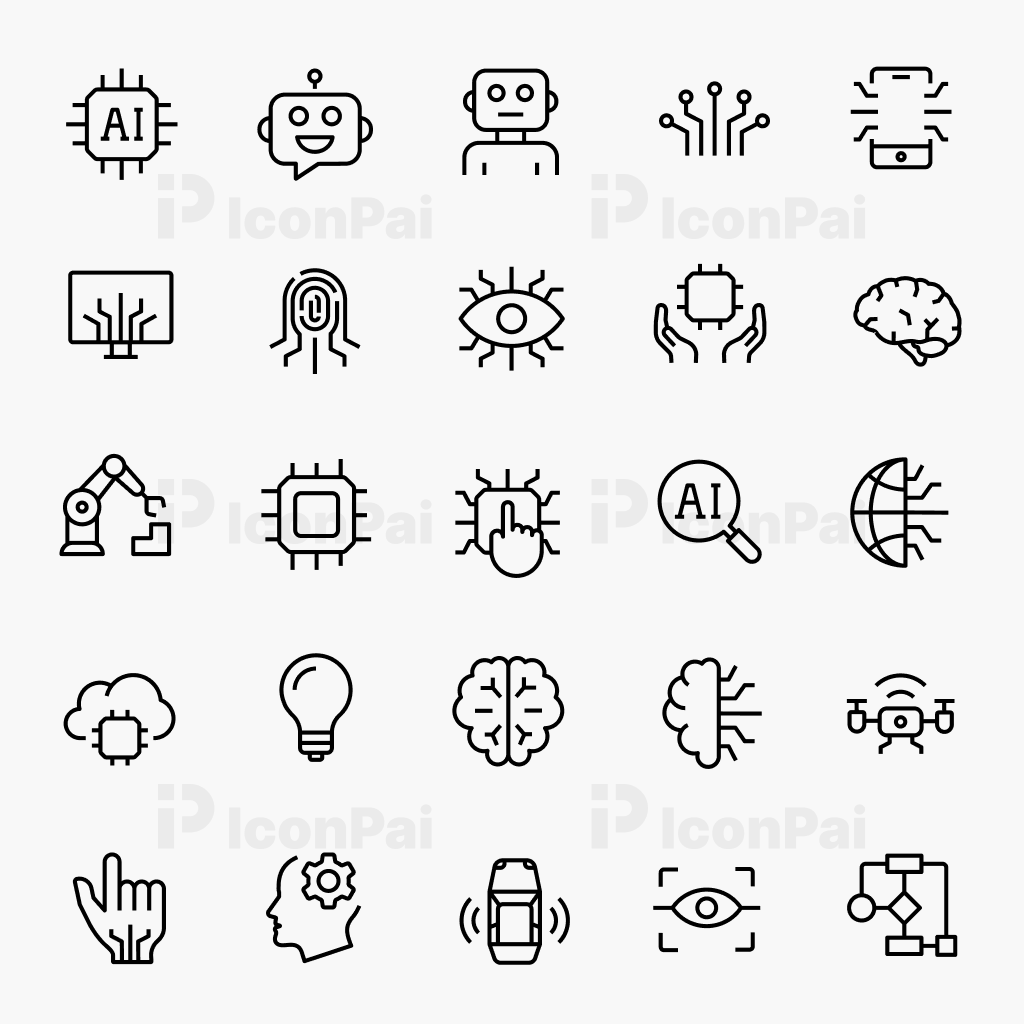 AI Intelligence Icons – Thick line style preview showing AI, automation, and data science symbols.