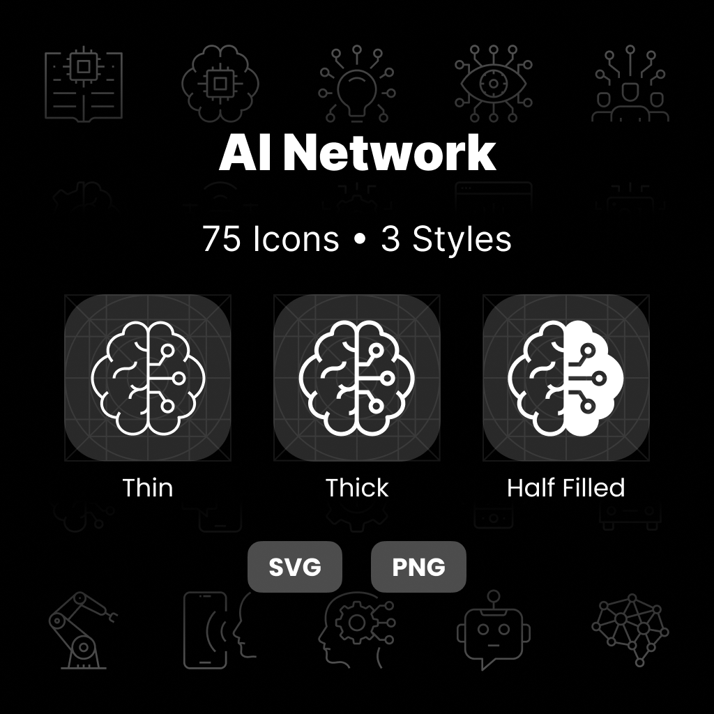 AI Network Icons Pack featuring 75 AI, neural network, cloud computing, and data connectivity icons in three professional styles.