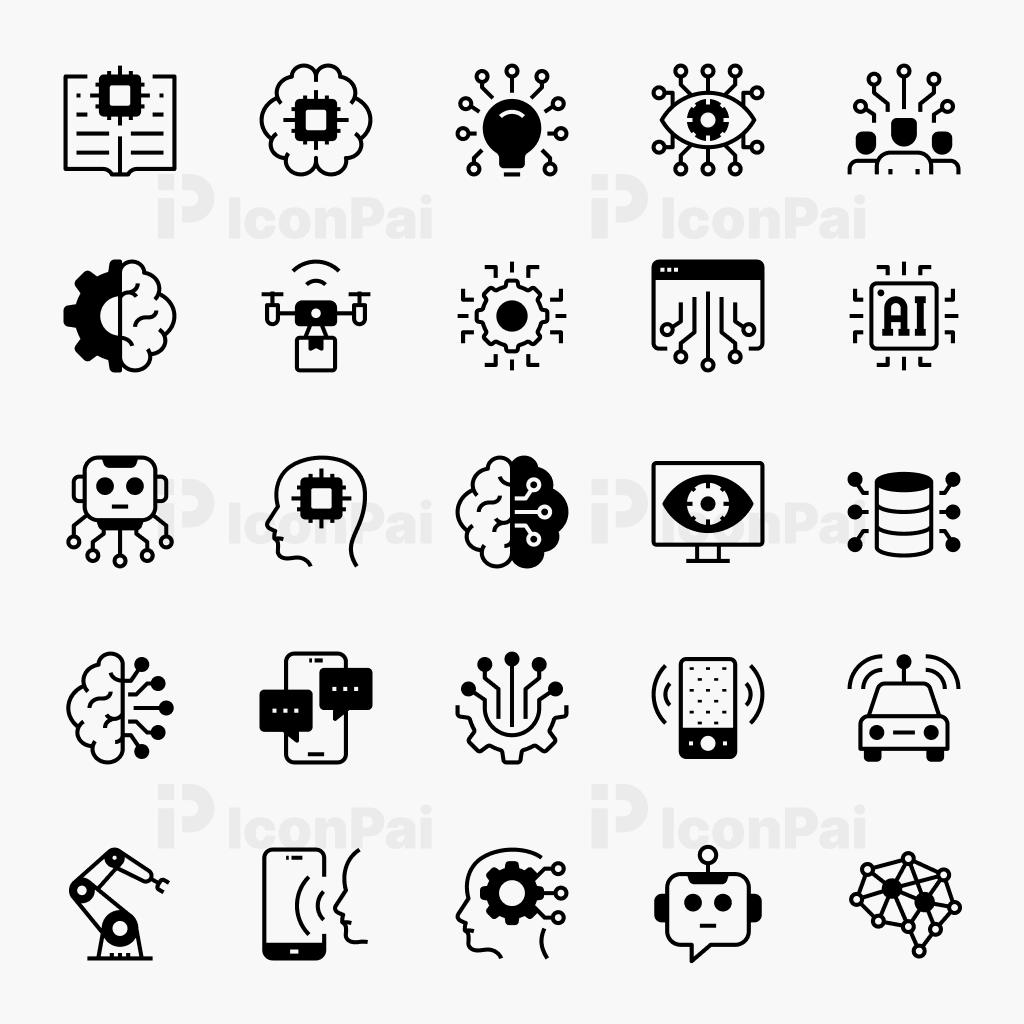 AI Network Icons – Half-filled style preview featuring neural network, cloud, automation, and AI connectivity icons.