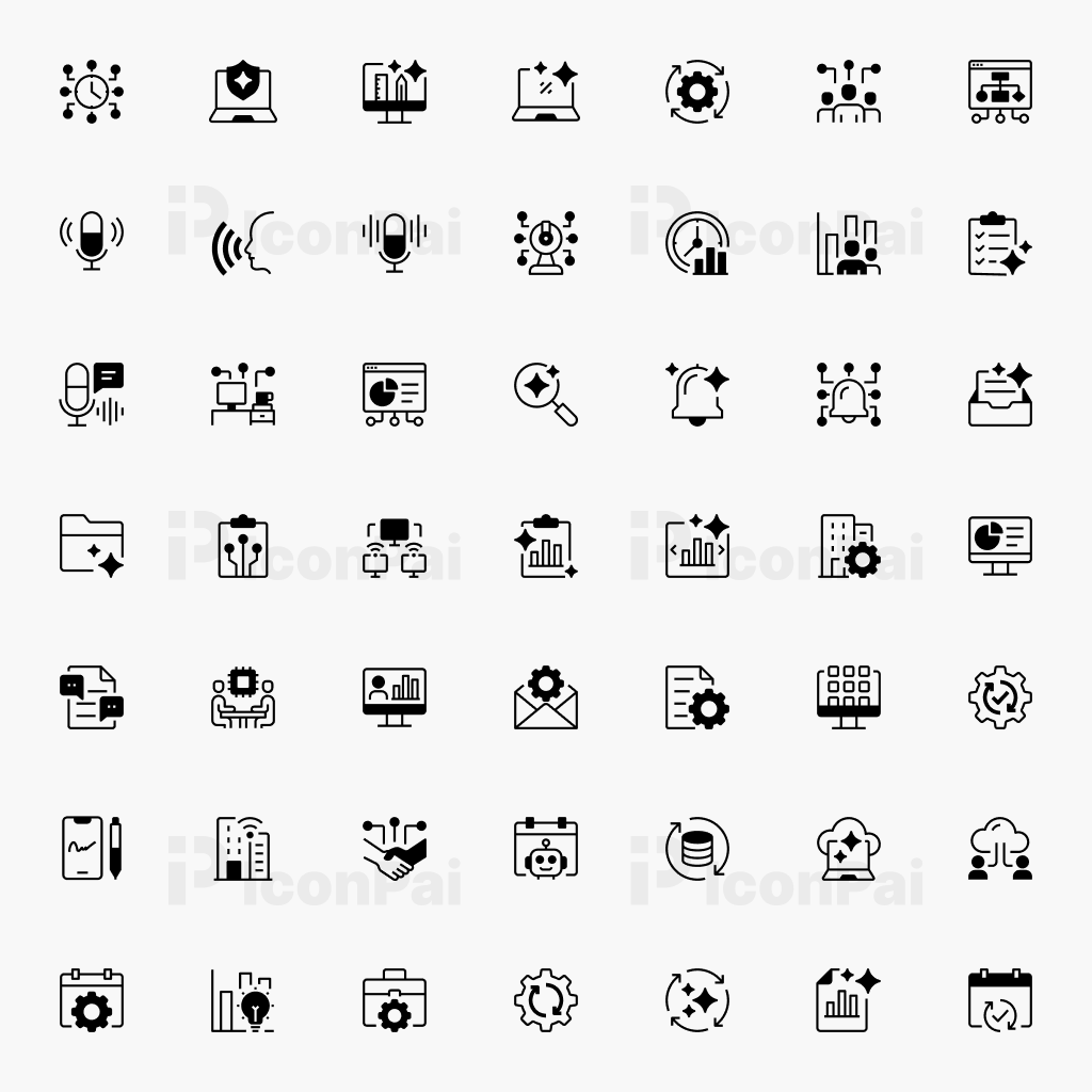 AI Productivity & Workplace Icons – Half-filled style preview featuring workplace, collaboration, and automation icons.