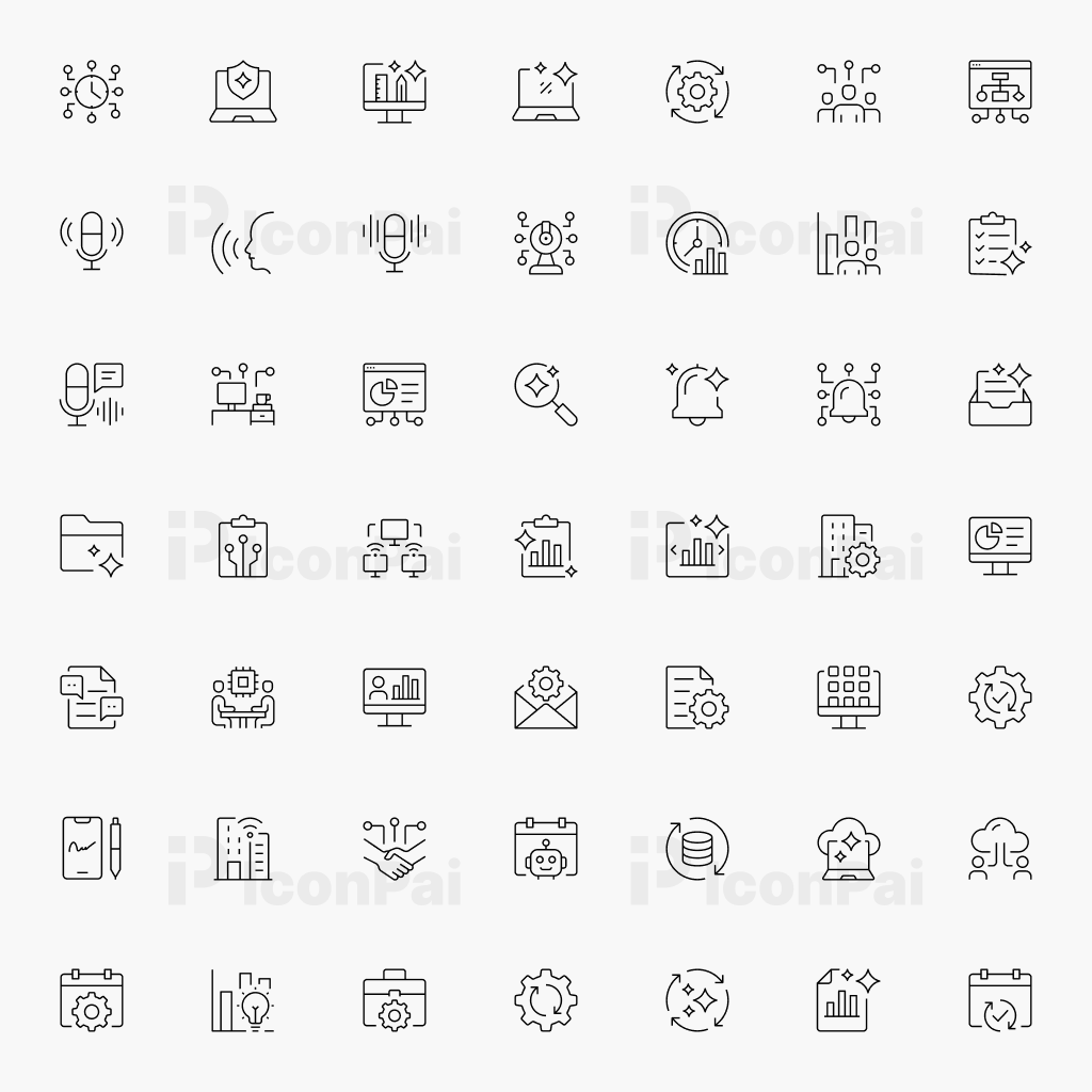 AI Productivity & Workplace Icons – Thin line style preview of 50 workplace, automation, and productivity icons.
