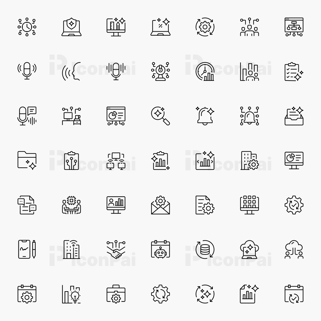 AI Productivity & Workplace Icons – Thick line style preview of 50 business, workflow, and AI productivity icons.