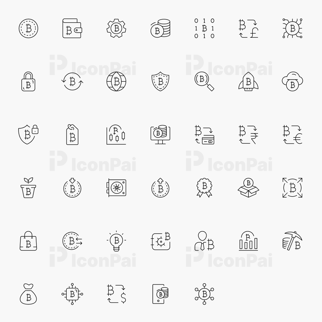 Blockchain & Crypto Icons – Thin line style preview featuring cryptocurrency, wallet, NFT, and blockchain icons.