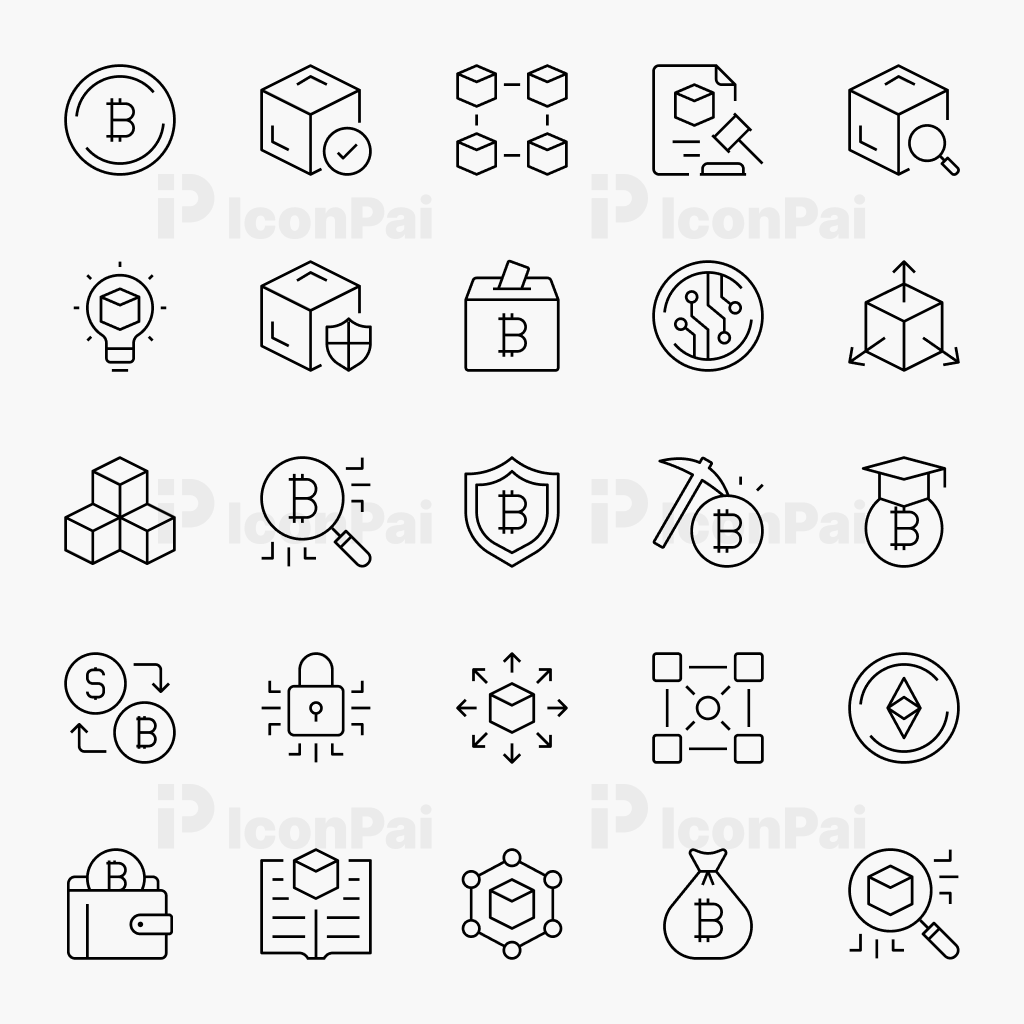 Blockchain & Cryptocurrency Icons – Thin line style preview of 25 crypto, blockchain, and Web3 icons.