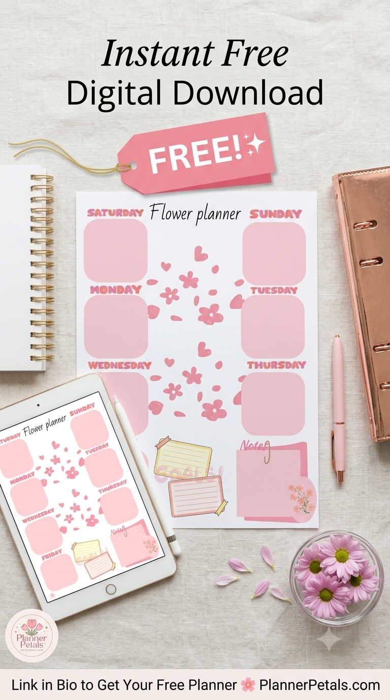 Aesthetic pink weekly planner featuring a cute flower theme layout, displayed on a printed paper and a tablet screen for iPad planning with GoodNotes. Includes sections for days of the week, goals, and notes. Text says: Instant Free Digital Download.