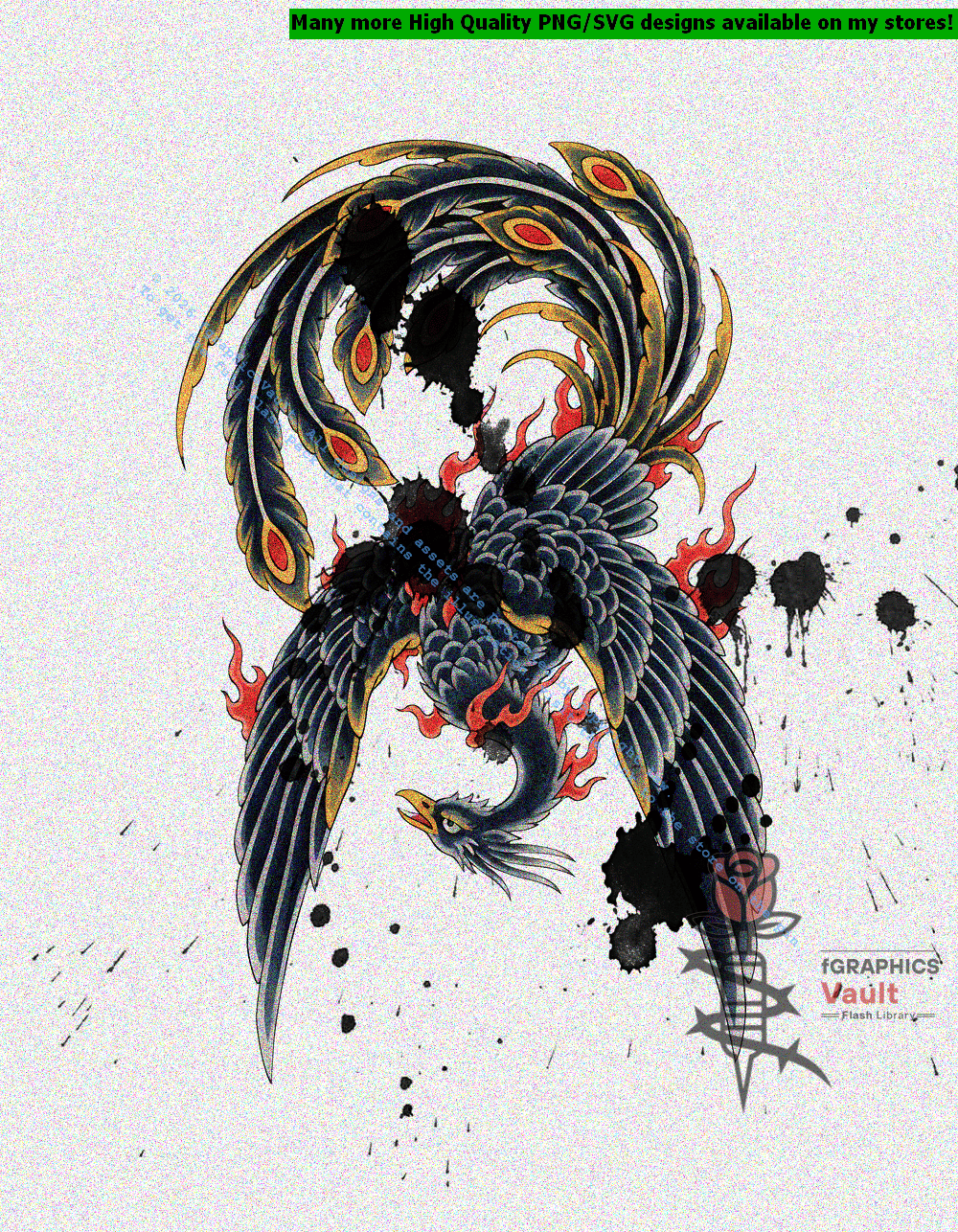 Collection of 35 Hō-ō Japanese phoenix tattoo flash designs featuring traditional irezumi artwork, standalone phoenix motifs, and detailed tattoo reference illustrations.