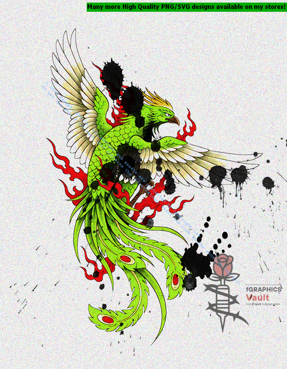 Collection of 35 Hō-ō Japanese phoenix tattoo flash designs featuring traditional irezumi artwork, standalone phoenix motifs, and detailed tattoo reference illustrations.
