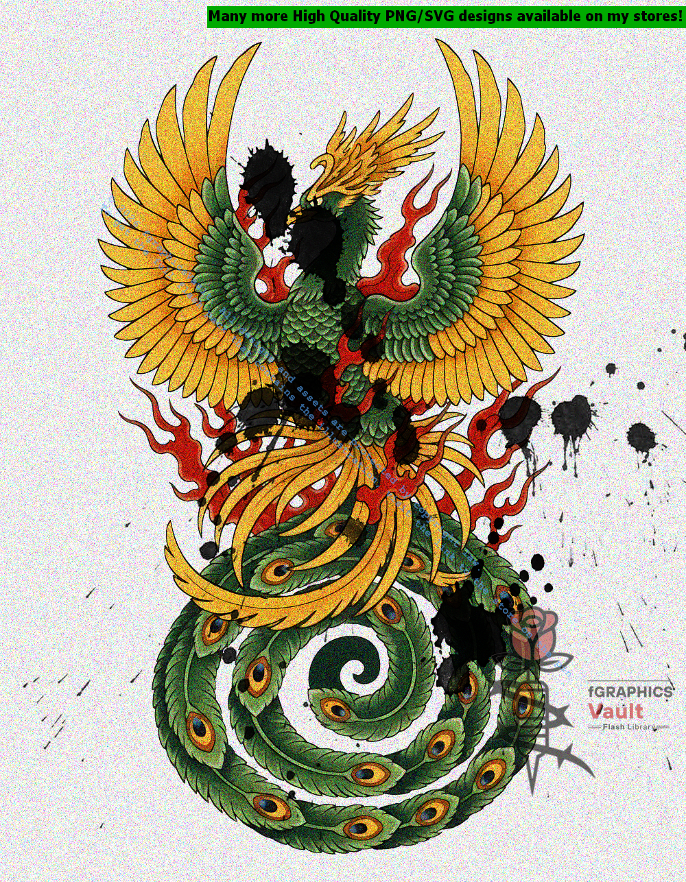 Collection of 35 Hō-ō Japanese phoenix tattoo flash designs featuring traditional irezumi artwork, standalone phoenix motifs, and detailed tattoo reference illustrations.
