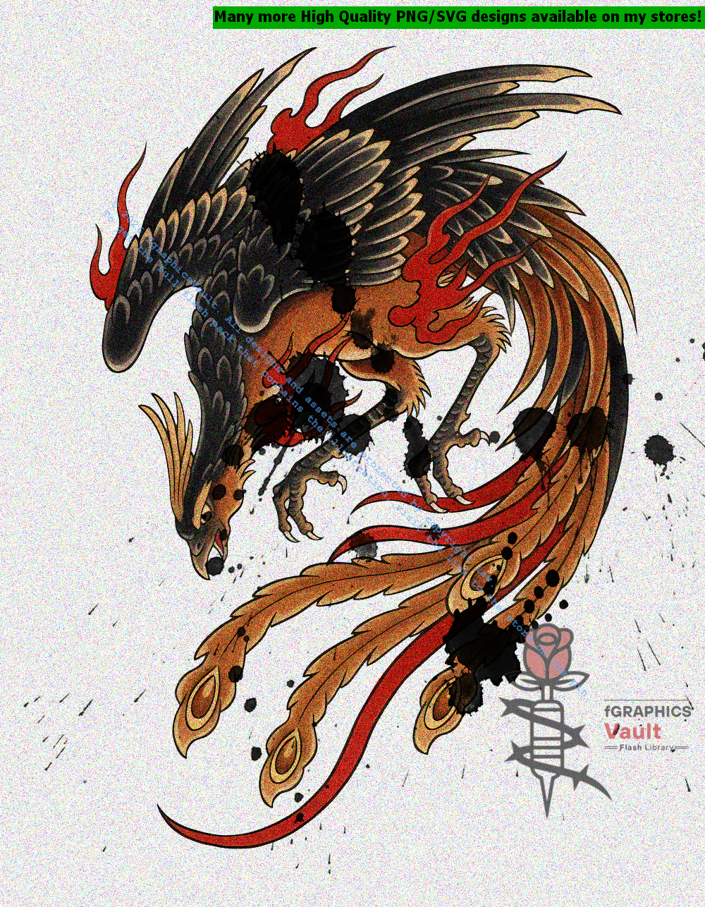 Collection of 35 Hō-ō Japanese phoenix tattoo flash designs featuring traditional irezumi artwork, standalone phoenix motifs, and detailed tattoo reference illustrations.