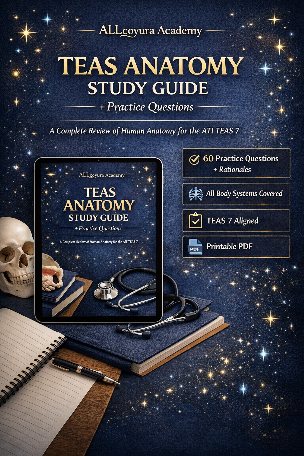 ATI TEAS 7 Anatomy Study Guide | Human Anatomy & Physiology Review, 60 Practice Questions, Rationales & Answer Key PDF