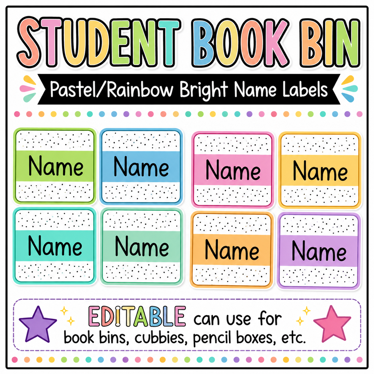 Editable Pastel & Bright Student Name Tags for Book Bins, Cubbies, Desks, Supplies & Classroom Organization