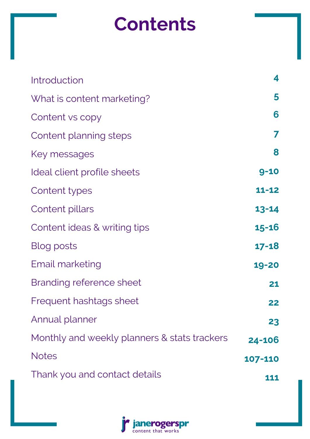 The Word Wizards Comprehensive Content Planner contents page - from Jane Rogers PR