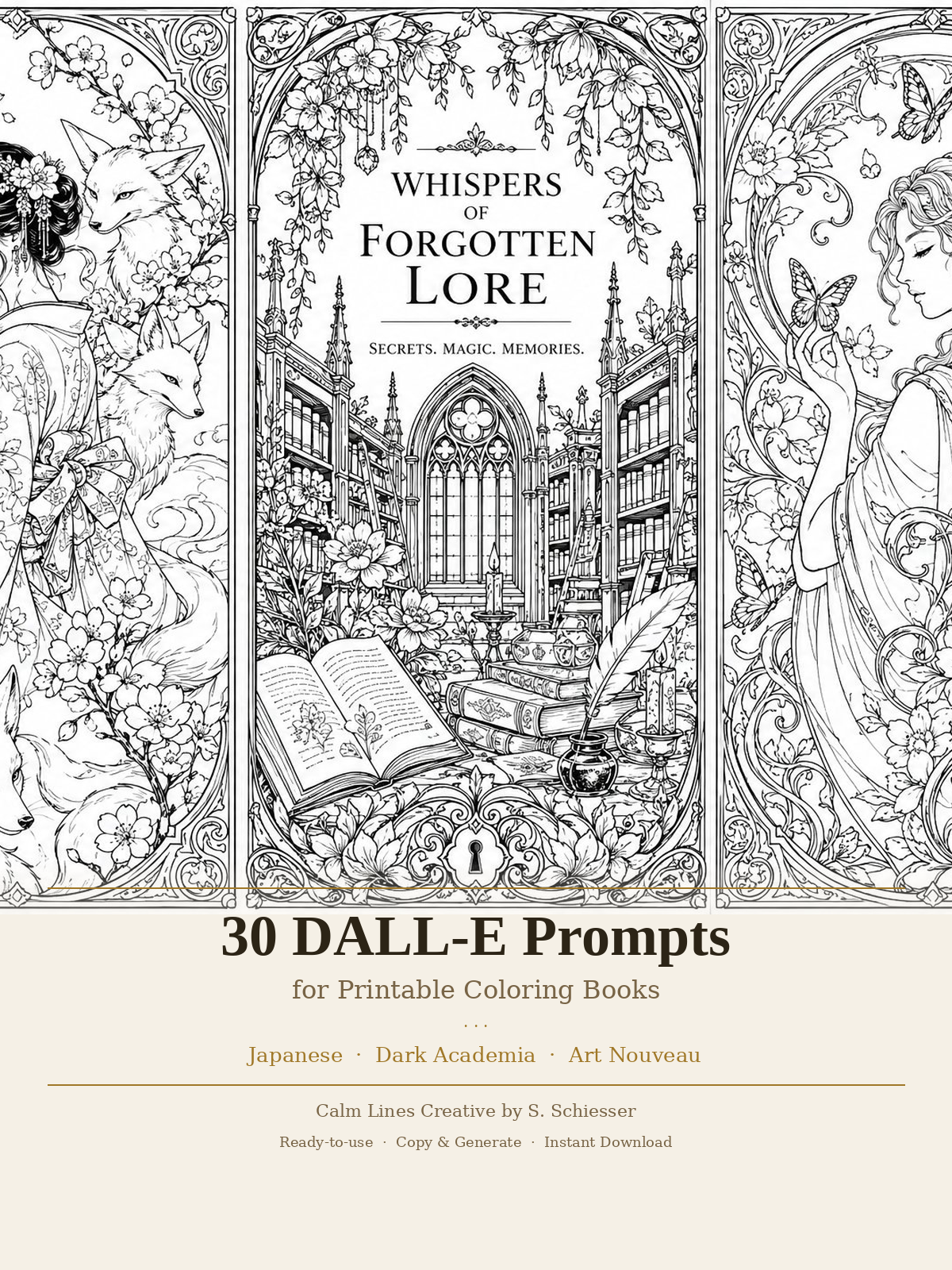 Japanese fantasy AI coloring prompts preview with cover, sample coloring pages and printable digital prompt collection.