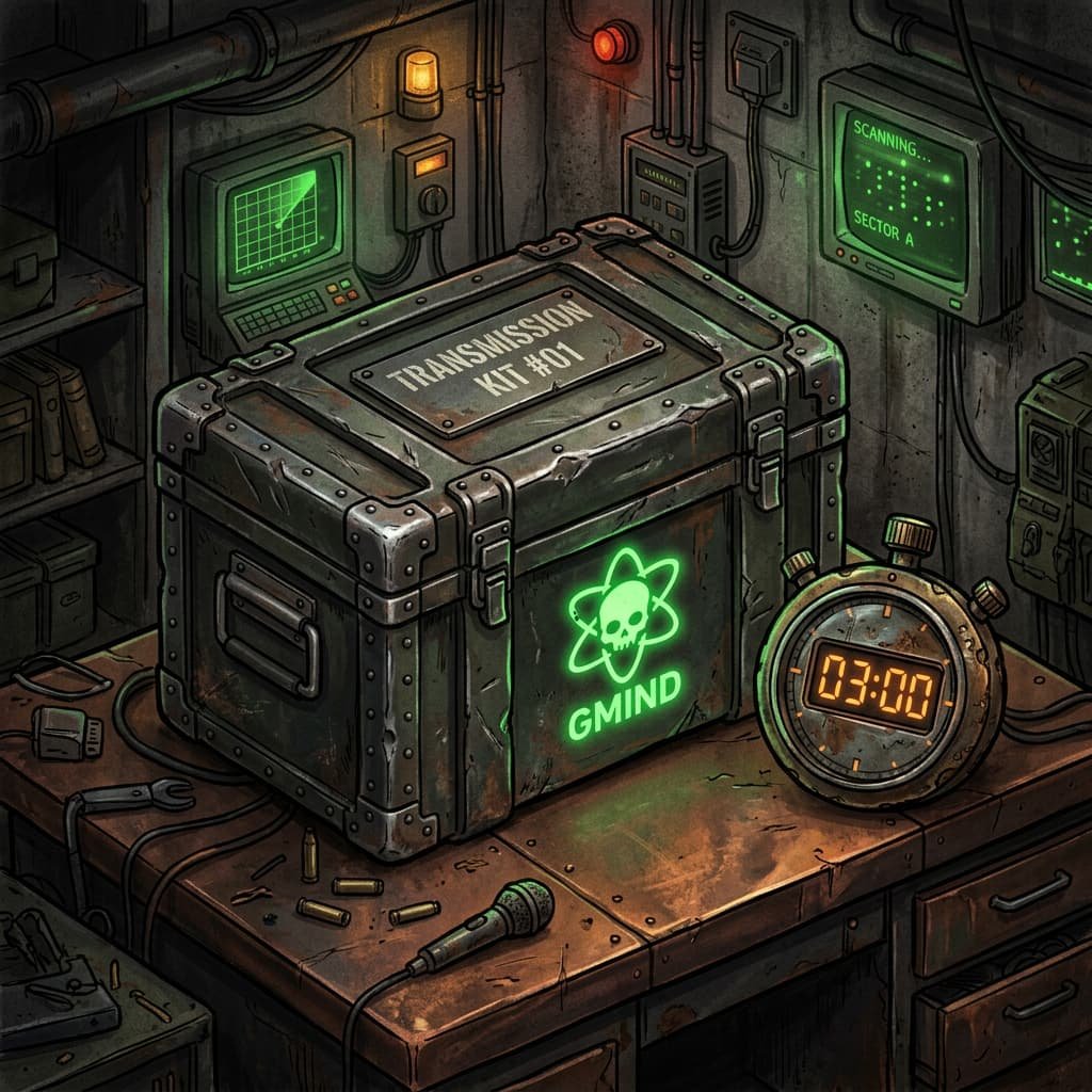 Une boîte métallique tactique de lAbri GMIND verte et rouillée marquée "TRANSMISSION KIT #01", posée sur une console industrielle sombre avec des écrans radar.