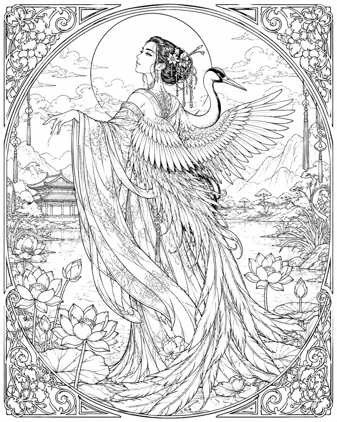 Intricate Japanese fantasy coloring page featuring an elegant mythical woman with flowing robes, floral details and traditional Japanese-inspired artwork.