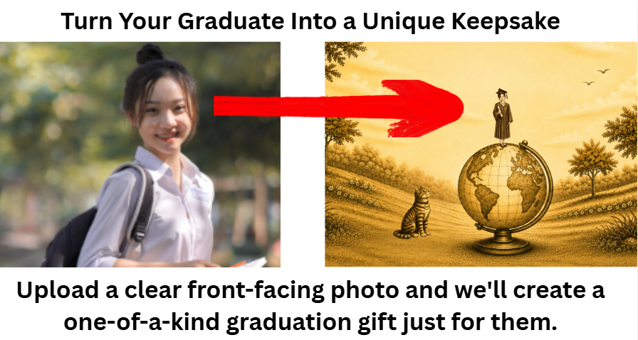 Personalized graduation gift showing a graduate photo transformed into a custom graduation portrait featuring Tang the cat and a graduate standing on a globe
