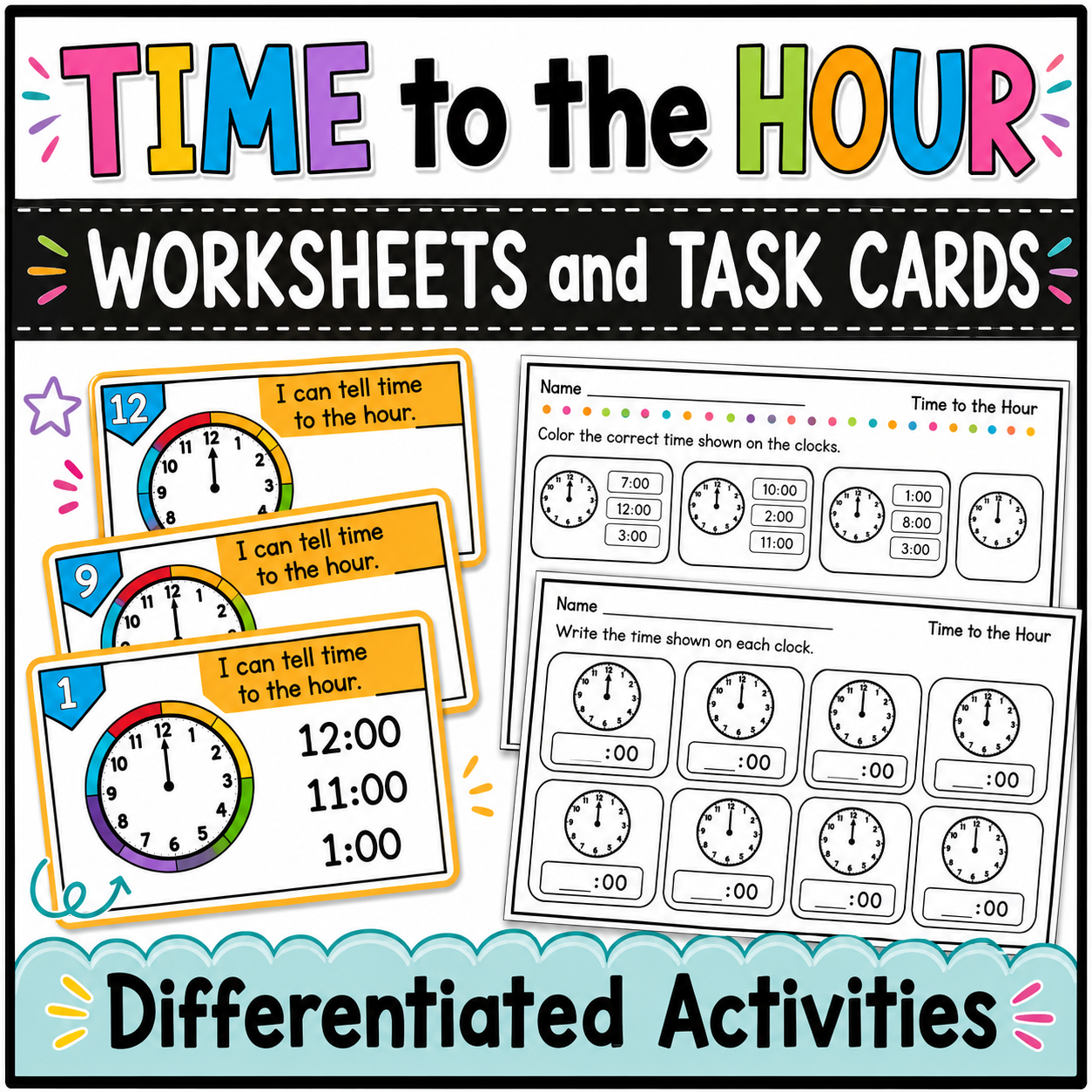 Telling Time Worksheets & Task Cards | Analog and Digital Clocks to the Hour