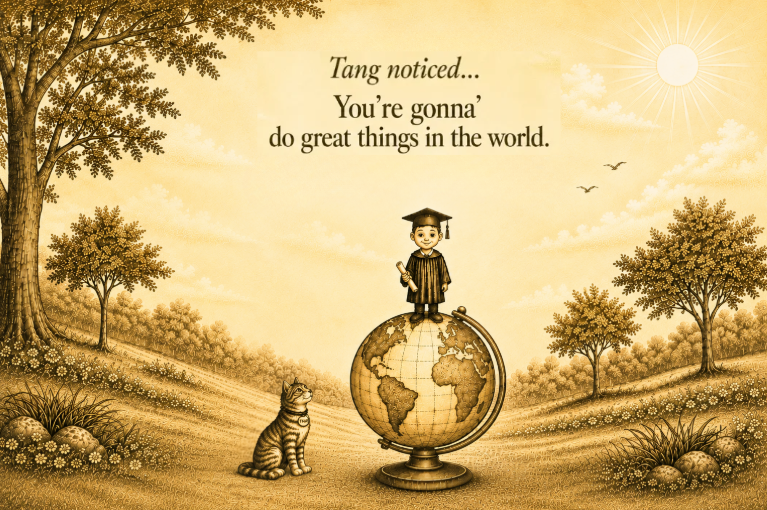 Unique graduation gift featuring Tang the cat looking up at a graduate standing atop the world with an encouraging graduation message.