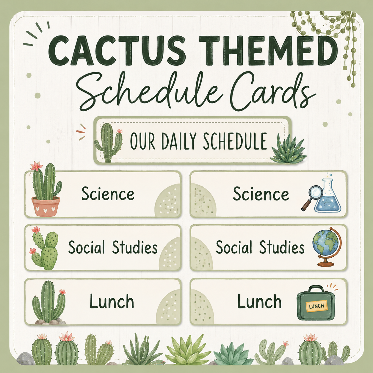 Editable Cactus-Themed Daily Schedule Cards | Natural Classroom Decor
