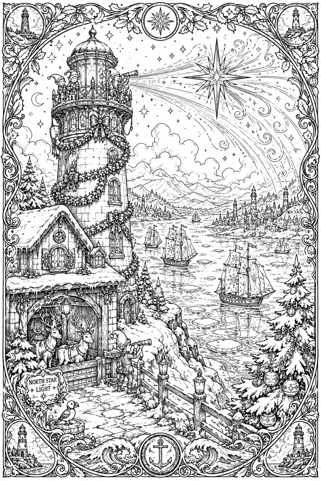 Intricate Christmas coloring page featuring a snowy winter village, lighthouse and holiday decorations.