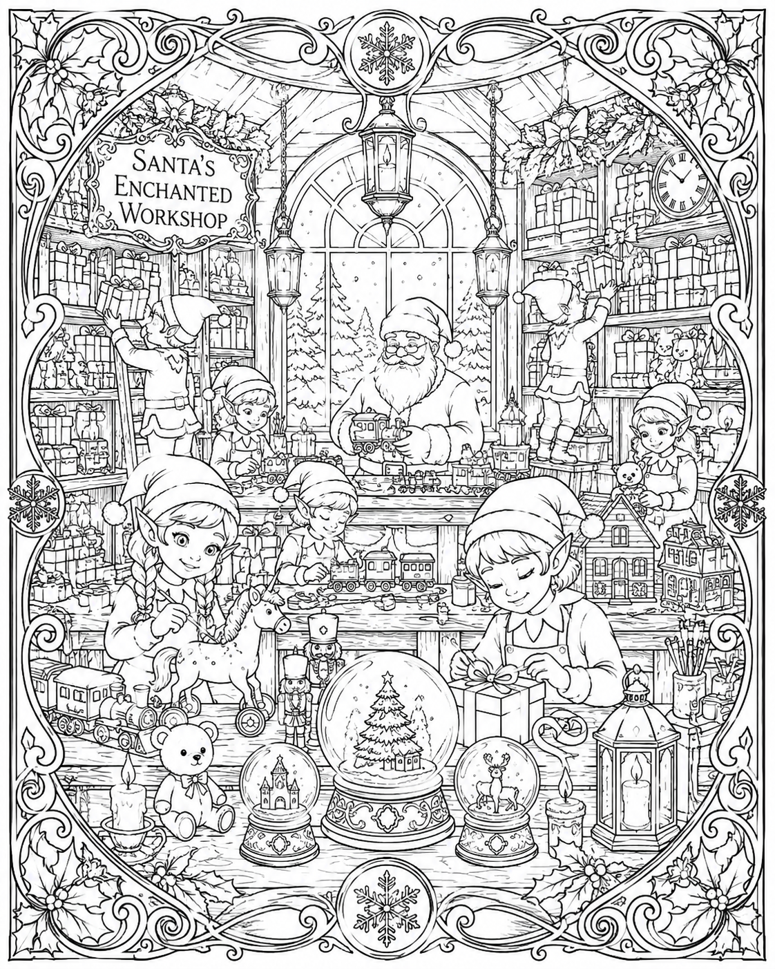 Detailed Christmas coloring page of Santa’s workshop with elves and festive decorations.