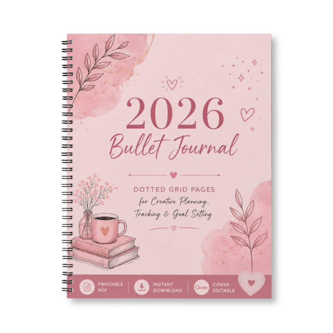 Aesthetic 2026 Bullet Journal cover page with books, a coffee mug, and flowers