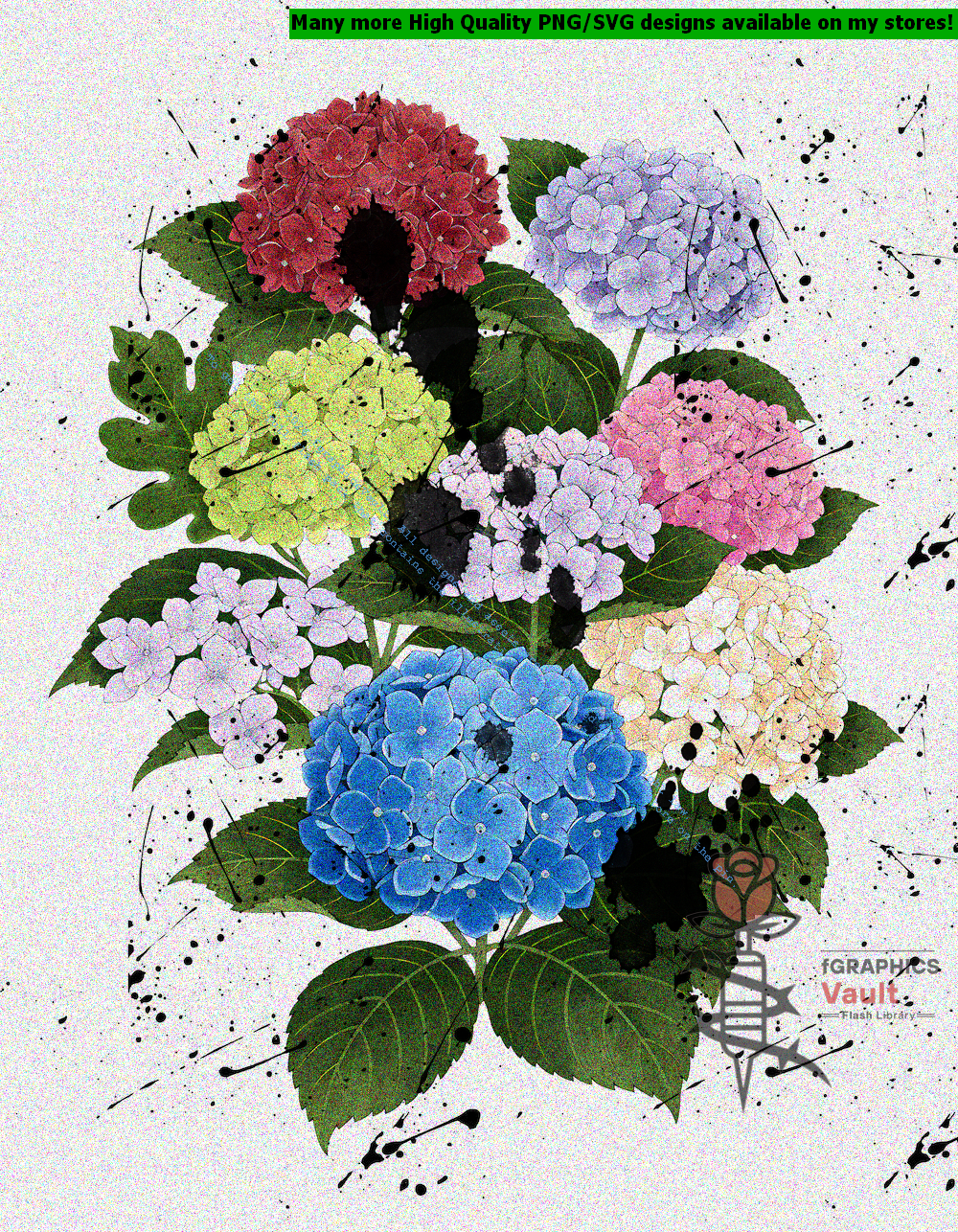 Collection of 63 Japanese hydrangea tattoo flash designs featuring traditional irezumi floral artwork, detailed hydrangea motifs, and tattoo reference illustrations.