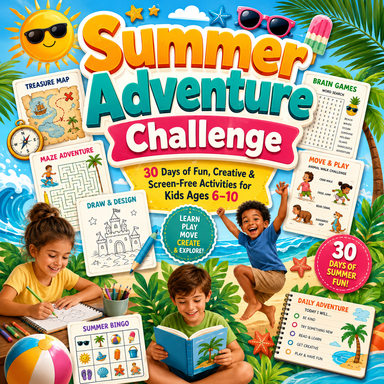 Summer Adventure Challenge – 30 Days of Fun, Creative & Screen-Free Activities for Kids Ages 6–10 | Printable PDF Workbook