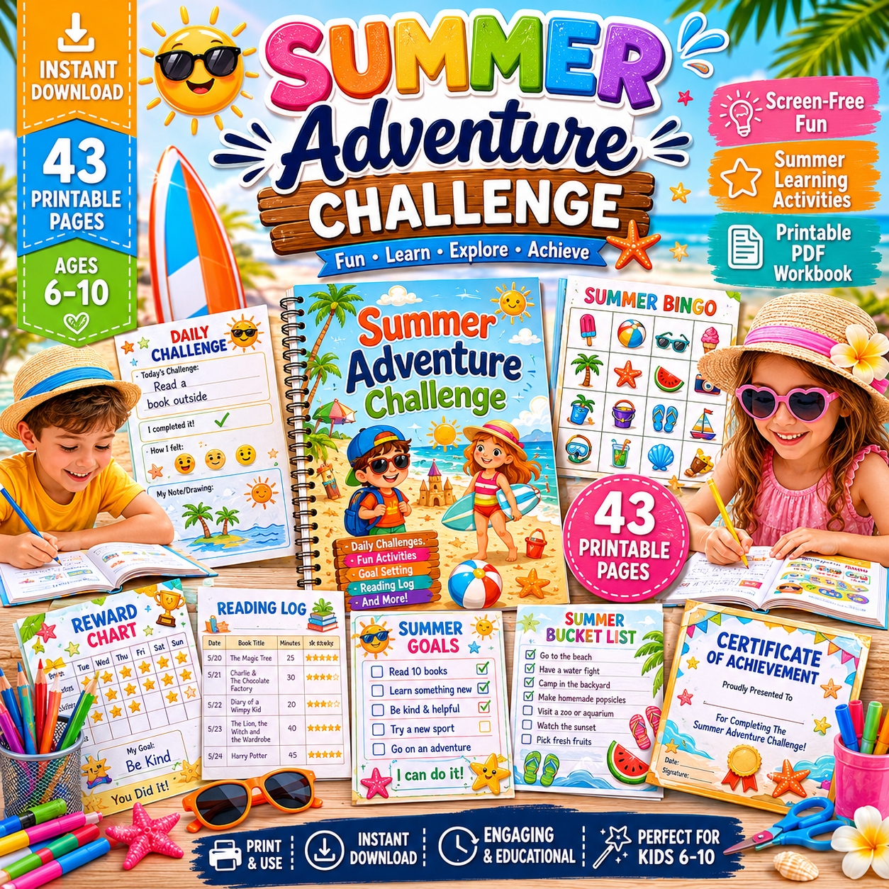 Summer Adventure Challenge – 30 Days of Fun, Creative & Screen-Free Activities for Kids Ages 6–10 | Printable PDF Workbook